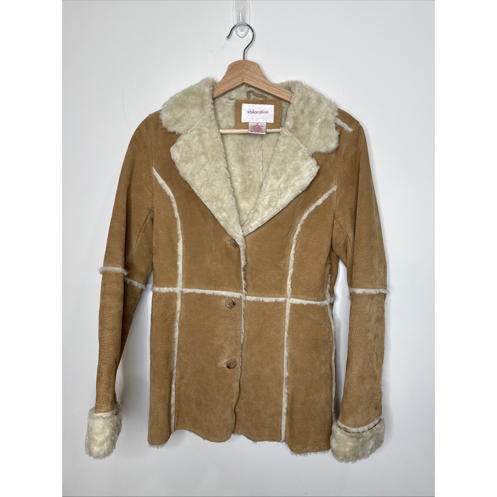 Vintage Y2K Xhilaration Suede Leather Penny Lane Coat Medium‎ Faux Fur Jacket M